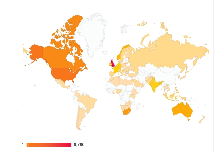 Worldwide distribution of hits to this blog in the past year.